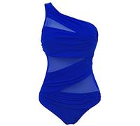 Runtlly Women's One Piece Swimsuits One Shoulder Plus Size Swimwear Bathing Suit with See Through Mesh Style, Blue, XL