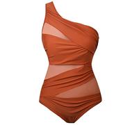 Runtlly Women's One Piece Swimsuits One Shoulder Plus Size Swimwear Bathing Suit with See Through Mesh Style, Darkorange, Medium