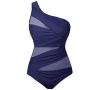 Runtlly Women's Plus Size One Shoulder One Piece Swimsuit, See Through Mesh Style Swimwear Bathing Suit, Darknavy, X-Large