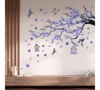 Runtoo Flower and Birds Wall Stickers Blue Cherry Blossom Tree Branches Peel and Stick Wall Art Decals for Living Room Bedroom Bathroom Decor