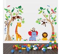 Runtoo Jungle Animals Tree Wall Decals for Nursery Baby Kids Bedroom Monkey Giraffe Elephant Wall Stickers Adventure Wall Décor