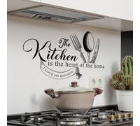 Runtoo Kitchen is The Heart of The Home Wall Sticker Fork and Knife Black Lettering Quotes Saying Wall Decals Kitchen Dining Room Restaurant Wall Decor