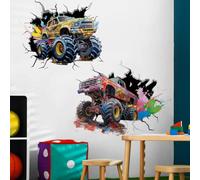 Runtoo Large Monster Truck Wall Decals for Boys Room Watercolor 3D Racing Car Wall Sticker Kids Bedroom Playroom Decor