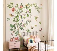 Runtoo Large Tree Branch Wall Decal Vintage Floral Plants Birds Wall Art Stickers for Bathroom Living Room Bedroom Nursery Decor