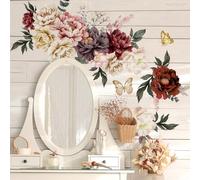 Runtoo Peony Flower Wall Decals Boho Butterfly Watercolor Floral Wall Stickers for Bedroom Living Room Bathroom Decor