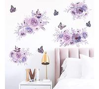 Runtoo Peony Flower Wall Decals Purple Floral Butterfly Wall Art Stickers for Girls Bedroom Living Room Bathroom Nursery Home Decor