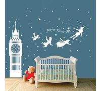 Runtoo Peter Pan Wall Decals Big Ben Quotes Never Grow Up Quotes Star Wall Stickers Kids Bedroom Baby Nursery Wall Decor White