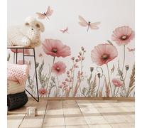 Runtoo Pink Flower Wall Decals Boho Poppy Garden Floral Wall Stickers for Girls Bedroom Nursery Living Room Decor