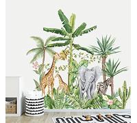 Runtoo Tropical Jungle Animal Wall Decals Giraffe Elephant Plants Wall Stickers Kids Room Bedroom Wall Decor