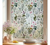 Runtoo Window Privacy Film Frosted Vintage Floral Window Clings 3D Bathroom Decorative Vinyl Stained Glass Boho Wildflowers Decals Static Sticker Non-Adhesive Door Cover, 17 x 40 inches