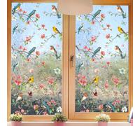 Runtoo Window Privacy Film Rainbow Flowers and Birds Window Clings 3D Decorative Vinyl Stained Glass Floral Branch Decals Static Sticker Non-Adhesive, 15.75 x 40 inches