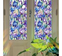 Runtoo Window Privacy Film Rainbow Purple Floral Window Clings 3D Decorative Vinyl Stained Glass Iris Flowers Decals Static Sticker Non-Adhesive, 15.75 x 40 inches