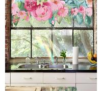 Runtoo Window Privacy Film Rainbow Watercolor Peony Flowers Window Clings 3D Decorative Vinyl Stained Glass Rose Floral Decals Static Sticker Non-Adhesive, 15.75 x 40 inches
