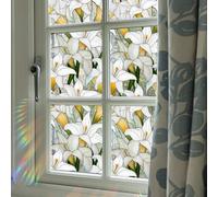 Runtoo Window Privacy Film Rainbow White Flowers Window Clings 3D Decorative Vinyl Stained Glass Lily Floral Decals Static Sticker Non-Adhesive, 15.75 x 40 inches