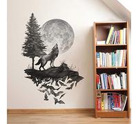 Runtoo Wolf Wall Decals Moon Wall Art Stickers Bedroom Living Room Kids Nursery Black Wall Décor