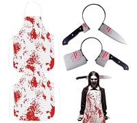 Runup Halloween Knife Headband and Bloody Apron, Pack of 4 Halloween Costume Includes Knife on the Head Headband and Halloween Bloody Apron, Horror Dress Up for Women Men Adults, White