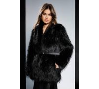 RUNWAY 1.8.1.8 Women's Shaggy Faux Fur Belt Detail Coat in Black | Size: Medium RUNWAY 1.8.1.8 Black M