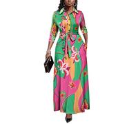 Runwind Women Church Long Maxi Dresses 3/4 Sleeve Button Down Print Casual Office Dress African, D-Green Flower, L