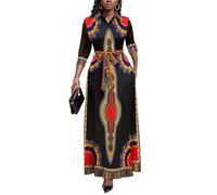 Runwind Women Church Maxi Dresses 3/4 Sleeve Button Down Print Casual Office Dress African, Black Print, XL