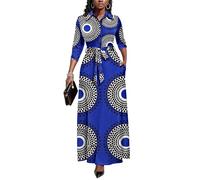Runwind Womens Maxi Dress 3/4 Sleeve Button Down African Print Church Dress, African Blue Flower, XXL