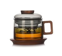 RUNZE765Z Kitchen Glasses 7.4Oz Small Glass Tea Cup with Infuser and Lid, Clear Borosilicate with Wood Handle and Coaster for Juice