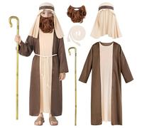 RUODON 5PCS Biblical Joseph Shepherd Robe Costume with Headwrap Staff Waist Rope Beard for Halloween Christmas Nativity Play