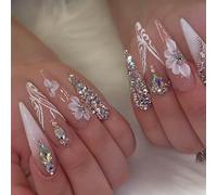 RUOKEXIN Long Press on Nails Stiletto Shaped Fake Nails Handmade False Nails with Rhinestones Designs White Ombre Glue on Nails Glitter Artificial Nails Luxury Stick on Nails for Women 24Pcs