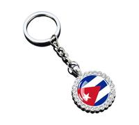 Ruoming 1 National Flag Keychain With Rhinestones, Glass Dome Pendant, Silver Metal Chain, World3, Cuba, 7.67 Inches Length