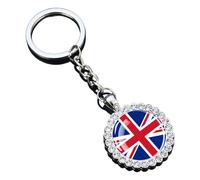 Ruoming 1 National Flag Keychain With Rhinestones, Glass Dome Pendant, Silver Metal Chain, World7, United Kingdom, 7.67 Inches Length