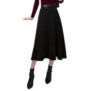 Ruoyee 1245-1 Faux Suede Leather A-line Skirt for Women High Waist Brown Long Midi Belt Skirts, Black, L