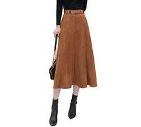 Ruoyee 1245-1 Faux Suede Leather A-line Skirt for Women High Waist Brown Long Midi Belt Skirts, Brown, XL