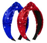 RUPOFUZA 4th of July Headband 2Pcs Glitter Red Blue Knotted Headbands for Women and Girls Fourth of July Hair Accessories Patriotic Hair Bands American Flag Top Knot Headband Patriotic Accessories