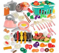 Rupoku Kitchen Pretend Toy, 91Pcs Play Food Set Toy Kitchen Accessories Role Play Cutting Food Fruits Vegetables, Cookware Pots and Pans Basket Playset Gifts for Kids Toddler Girls Boys Age 3 4 5 6