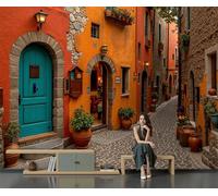 Rural Areas Architecture Photo Wallpaper 200 x 140 cm, Non-Woven Premium Streetscape Print Wall Mural Decoration Poster Picture, Orange Color Wallpaper for Living Room TV Backdrop Dining Room