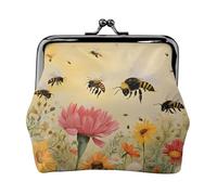 Rural Bees Wildflowers Full Double-Sided Printed Pattern Women's and Girls' Fashionable Leather Kiss Lock Coin Purse Card Bag