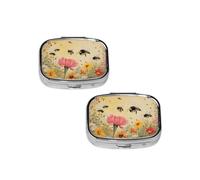 Rural Bees Wildflowers Pill Box 2 Compartment Medicine Pill Case,Travel Pill Organizer, Small Metal Pill Case Portable Pill Box, Perfects Gift for Anyone in Need