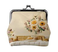 Rural Bees Wildflowers Print Double Clasp Metal Frame Leather Kiss Lock Change Pouch Wallet for Women with Keys, Small Purses