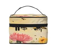 Rural Bees Wildflowers -Print Waterproof Large Cosmetic Bag for Travel & Gym, Makeup Organizer with 4 Elastic Straps & Compartments,Premium Twill Fabric.