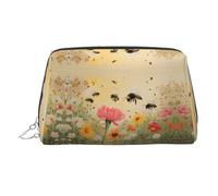 Rural Bees Wildflowers Stylish Portable Cosmetic Bag with Full-Print Design – Durable PVC Leather Makeup & Toiletry Organizer for Home & Travel Use