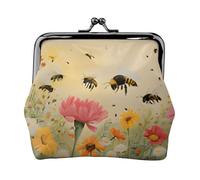 Rural Bees Wildflowers Women's Leather Kiss Lock Pouch â€“ Stylish Small Zipper-Free Wallet for Coins, Cards, Makeup & Essentials â€“ Compact & Lightweight Design for Daily Use, Travel & Gifting