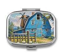 Rural Blue Valley Warehouse Pill Case for Travel, Rectangle Metal Pill Organizer with 2 Compartments, Portable Daily Medicine Box for Purse, Wallet