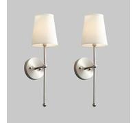 Rural Classic Wall Lamp Vintage Fabric Shade Wall Sconce with Nickel/Brass Linear Column Stand, Farmhouse White Flared Textile Bathroom Lighting Fixture Vintage Bedside Reading Wall Light