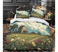 Rural cottage 3D Printed Quilt Cover 3-Piece Microfiber Lightweight Breathable Vintage countryside scene Comforter Cover 2 Pillowcases Hidden Zipper Bed Set Girls Bedroom Super king（260x220cm）