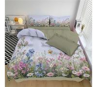 Rural Flowers Duvet Cover Sets King Size, Green Wildflowers, Fields, Butterflies Bedding Quilt Cover Set, Soft Printed Bedding Set Brushed Microfiber Duvet Covers with 2 Pillowcases 230x220cm