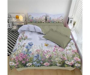 Rural Flowers Duvet Cover Sets King Size, Green Wildflowers, Fields, Butterflies Bedding Quilt Cover Set, Soft Printed Bedding Set Brushed Microfiber Duvet Covers with 2 Pillowcases 230x220cm