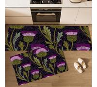 Rural Flowers Kitchen Rugs and Mats Carpet Standing Mats Washable 2 Pieces Microfiber Non-Slip Purple-green Rug Set for Kitchen Floor Front of Sink, Hallway,50x80+50x150cm,Thistle illustration