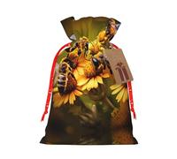 Rural Honey Bees Flowers Print Christmas Gift Bag, Drawstring Christmas Bags Reusable Gift Bags With Name Tags
