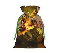 Rural Honey Bees Flowers Print Christmas Gift Bag, Drawstring Christmas Bags Reusable Gift Bags With Name Tags