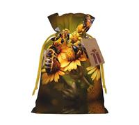 Rural Honey Bees Flowers Print Christmas Gift Bag, Drawstring Christmas Bags Reusable Gift Bags With Name Tags