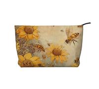 Rural Honey Bees Flowers Print Cosmetic Bags, Small Makeup Bag for Purse Corduroy Multifunctional Travel Makeup Bag with Metal Zipper for Women Girls